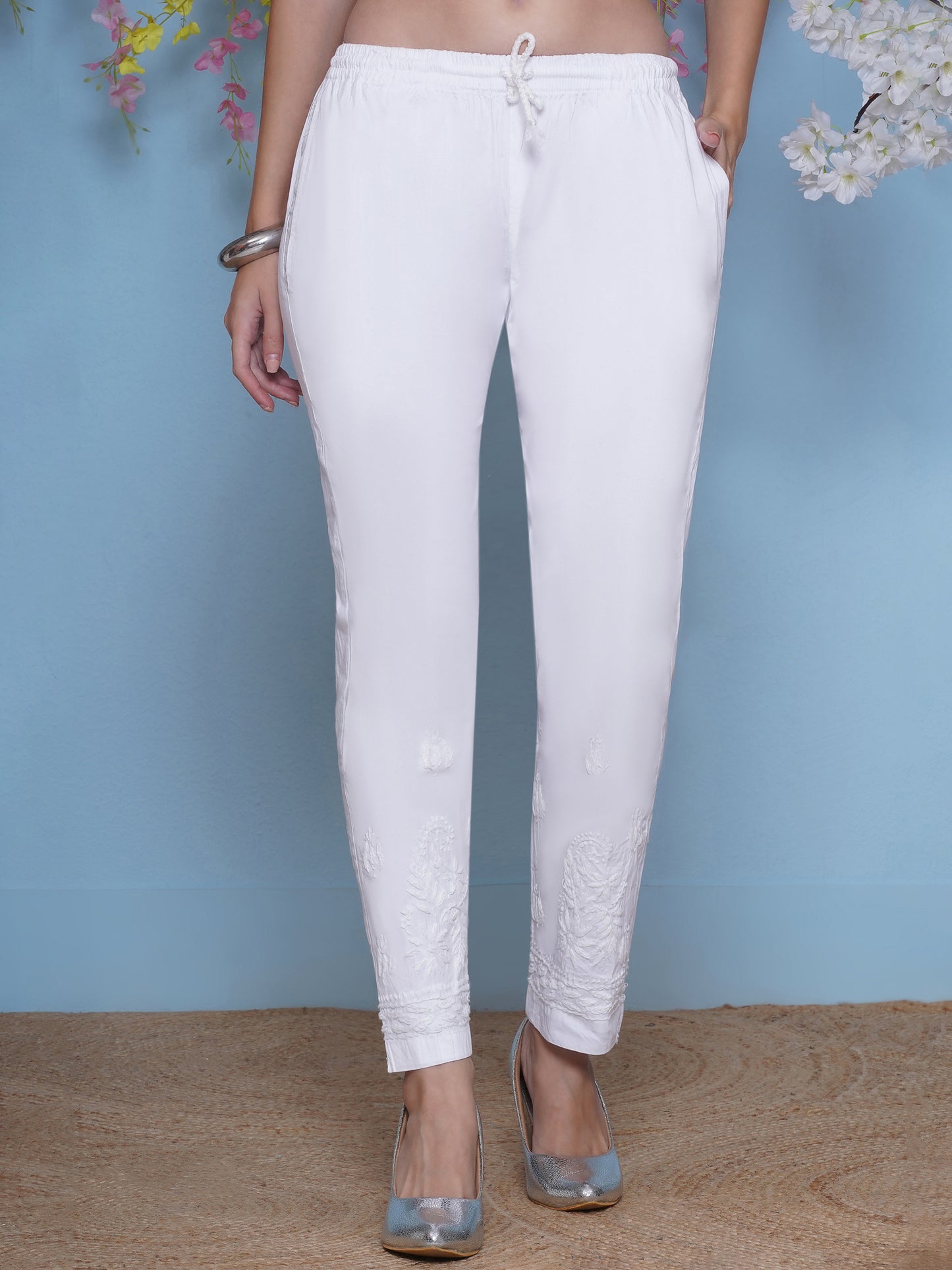 White Cotton Chikankari Pant For Women