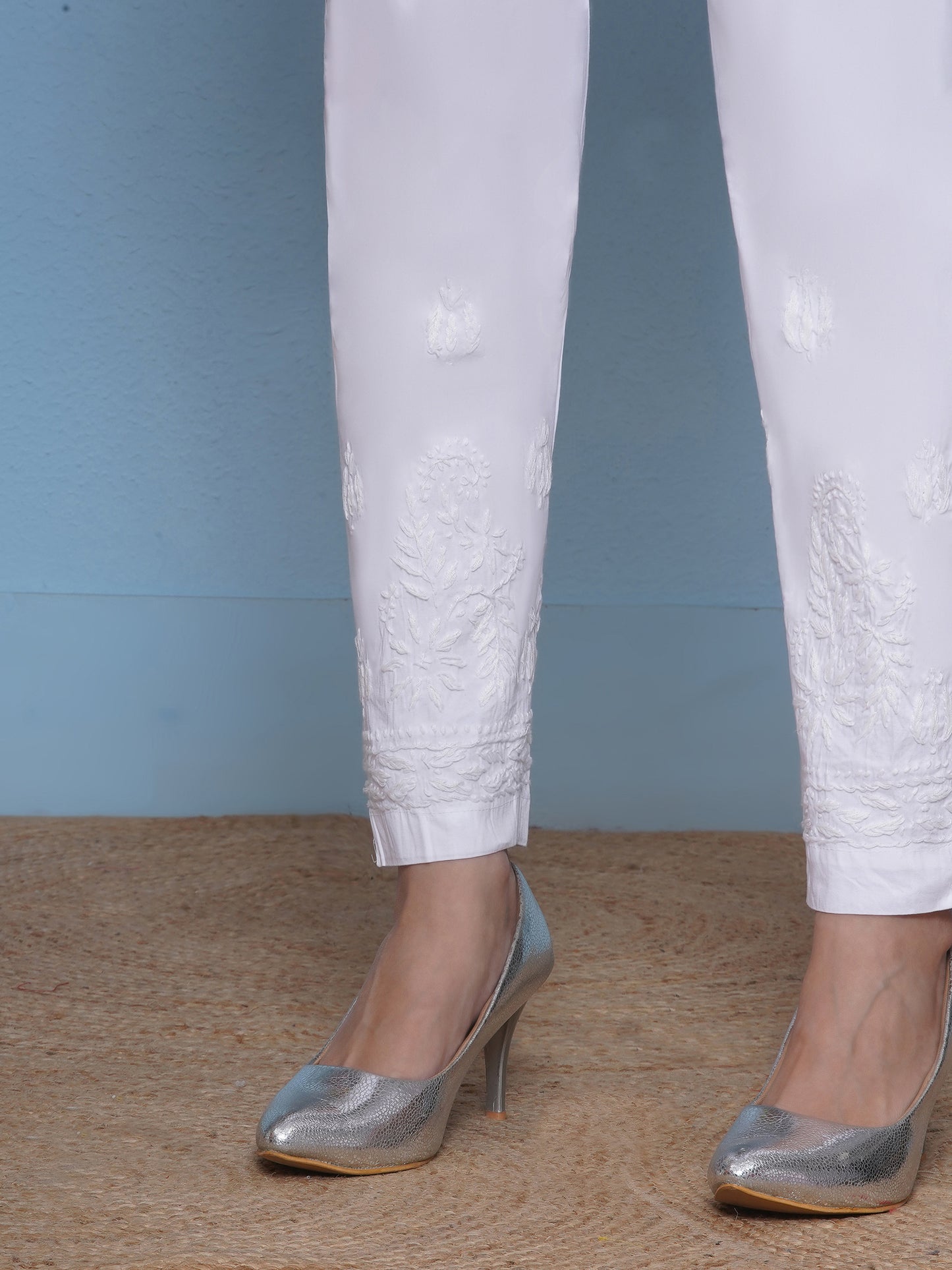 White Cotton Chikankari Pant For Women