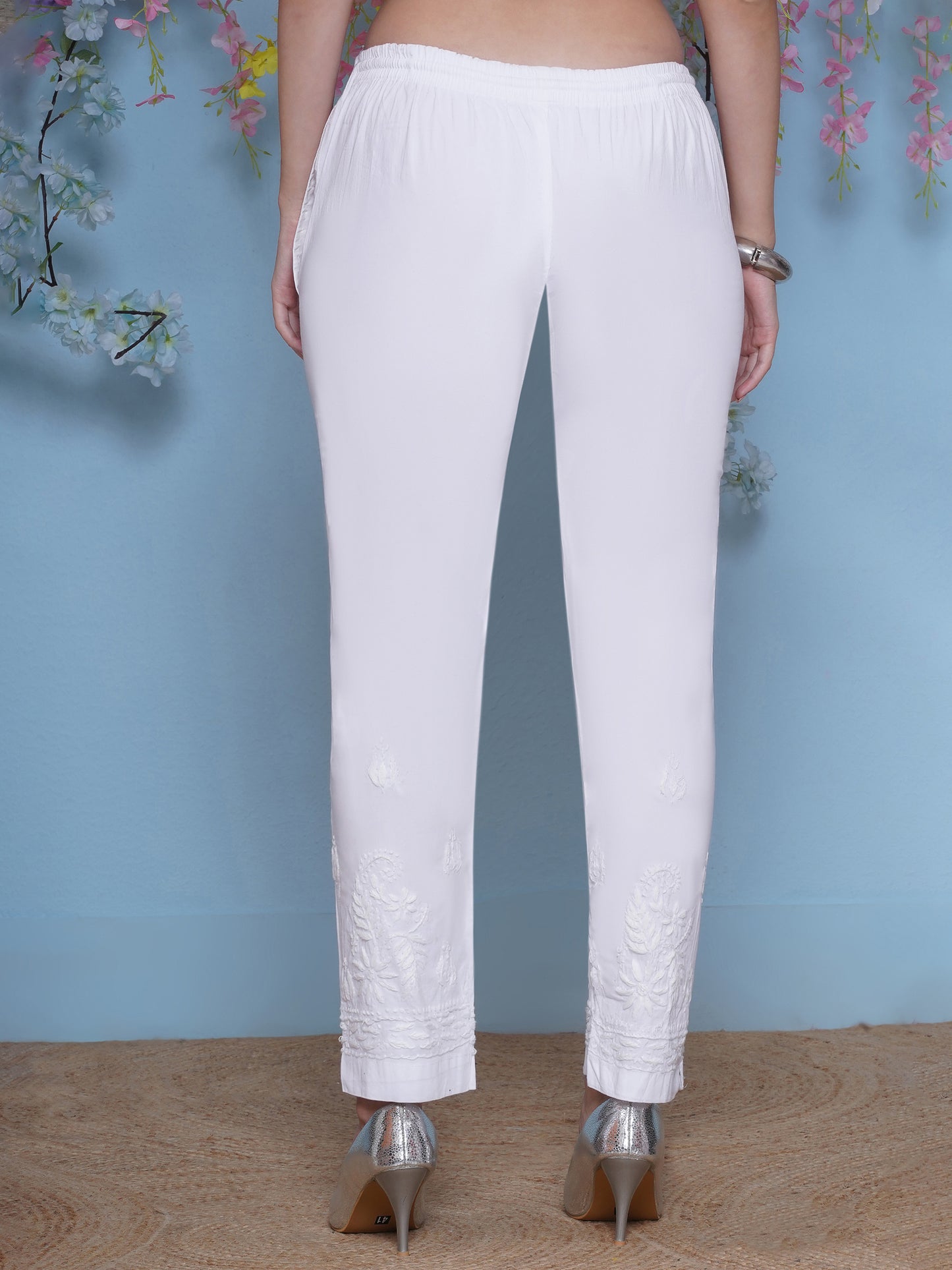 White Cotton Chikankari Pant For Women