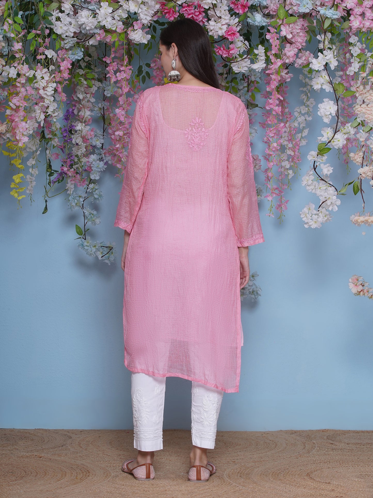 Pink Cotton Chikankari Kurti For Women