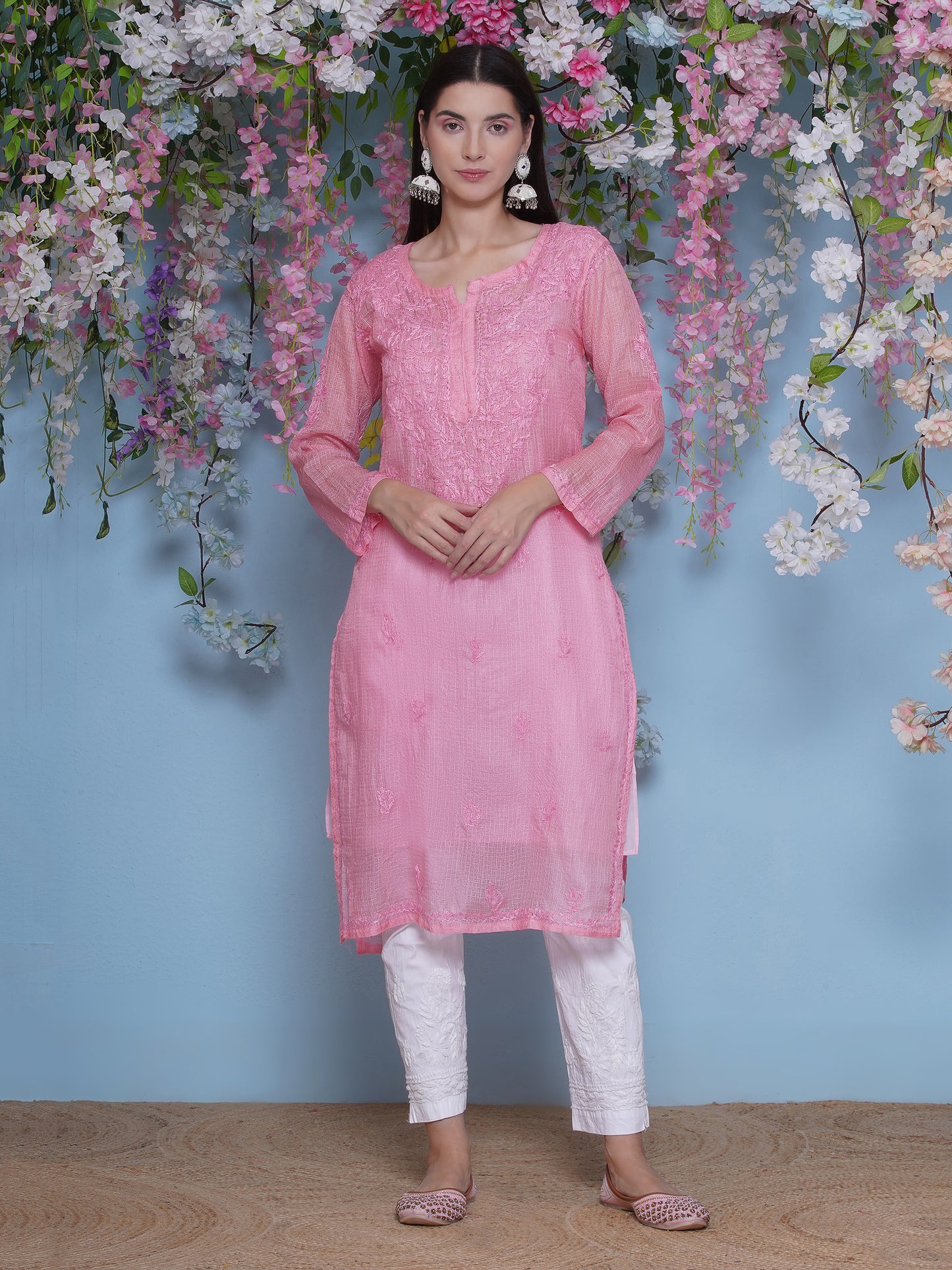 Pink Cotton Chikankari Kurti For Women
