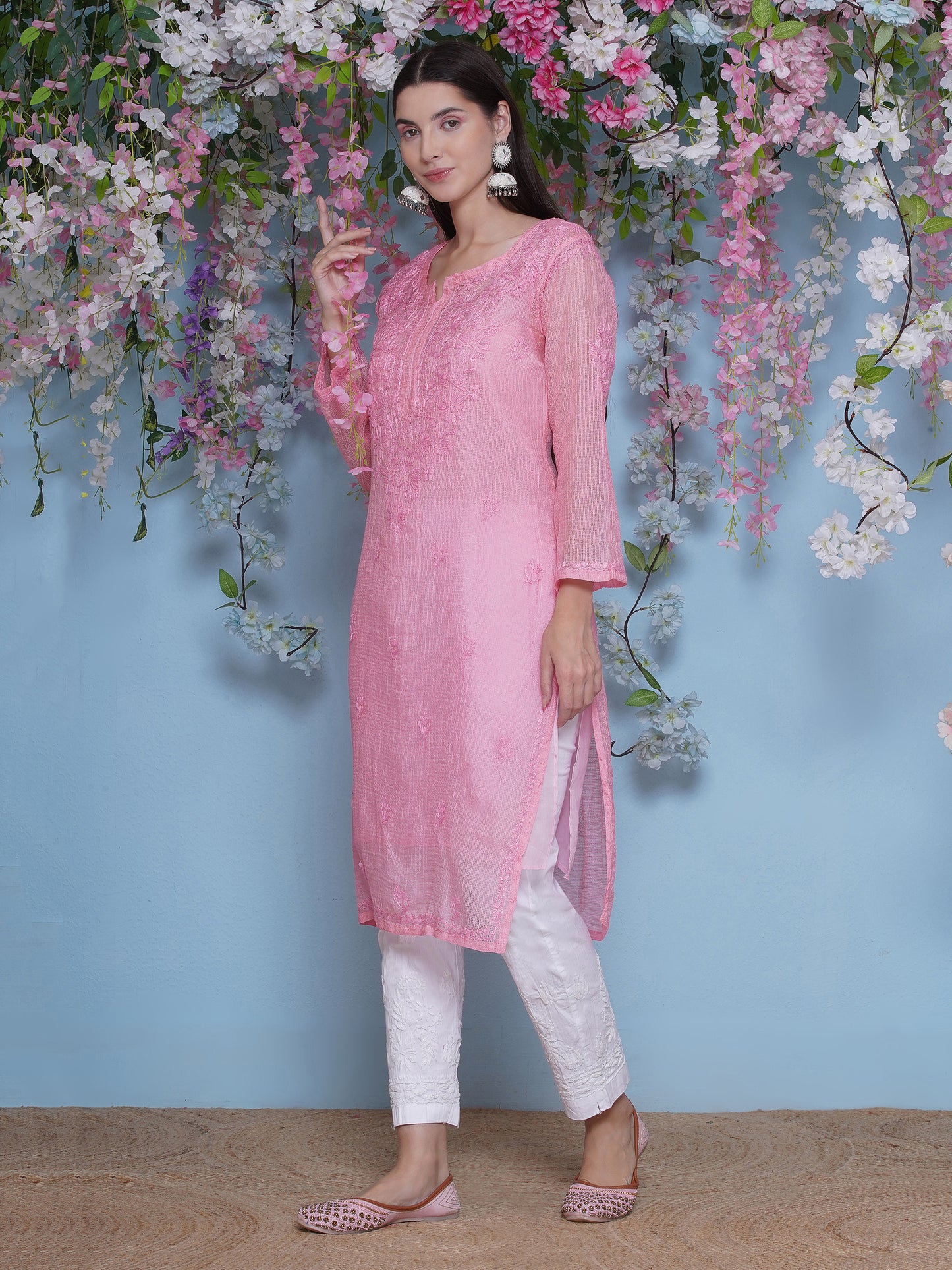 Pink Cotton Chikankari Kurti For Women