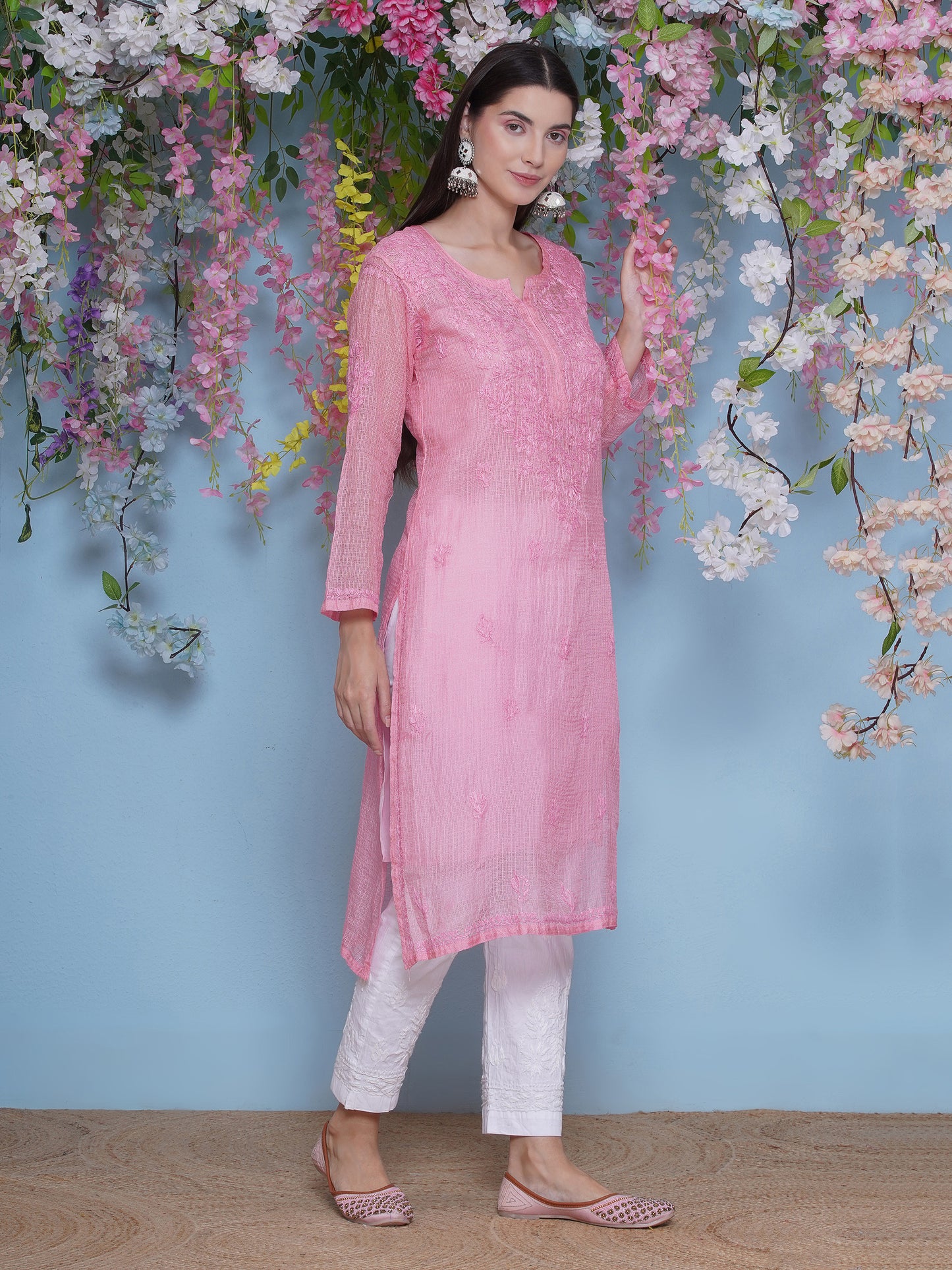 Pink Cotton Chikankari Kurti For Women