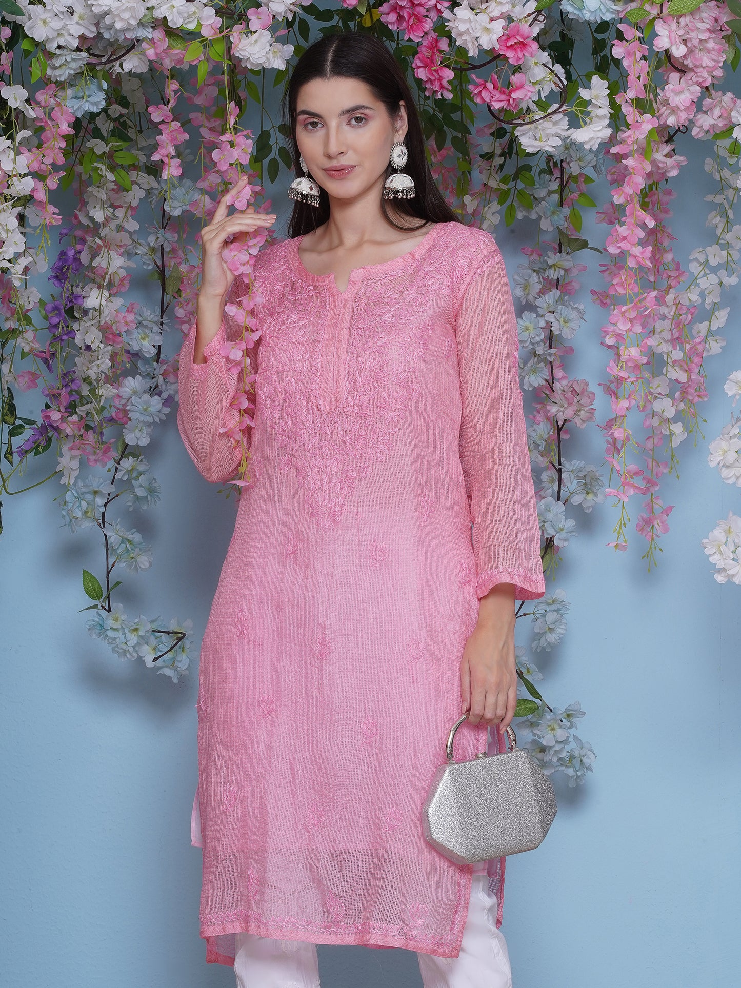 Pink Cotton Chikankari Kurti For Women