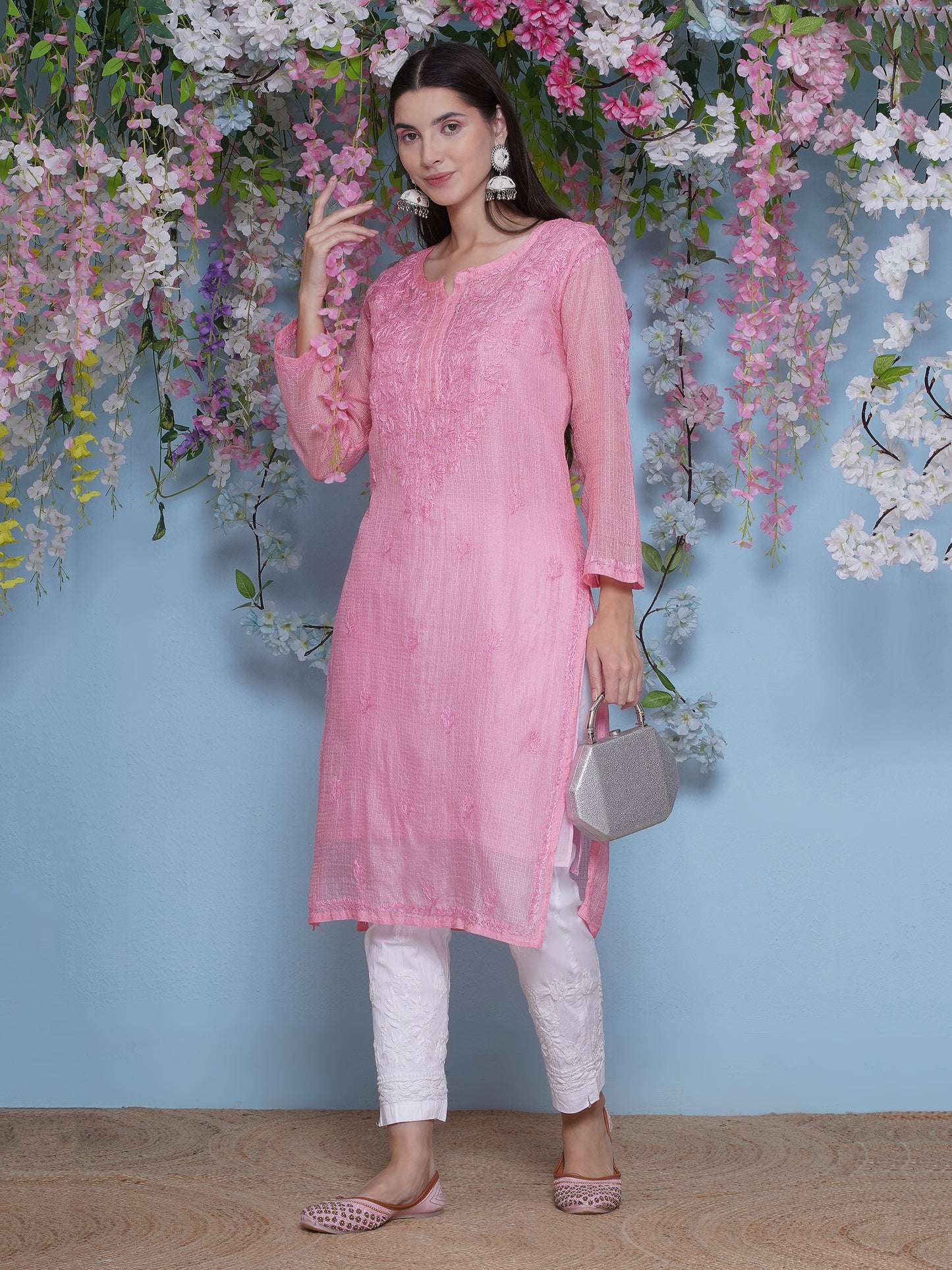 Pink Cotton Chikankari Kurti For Women