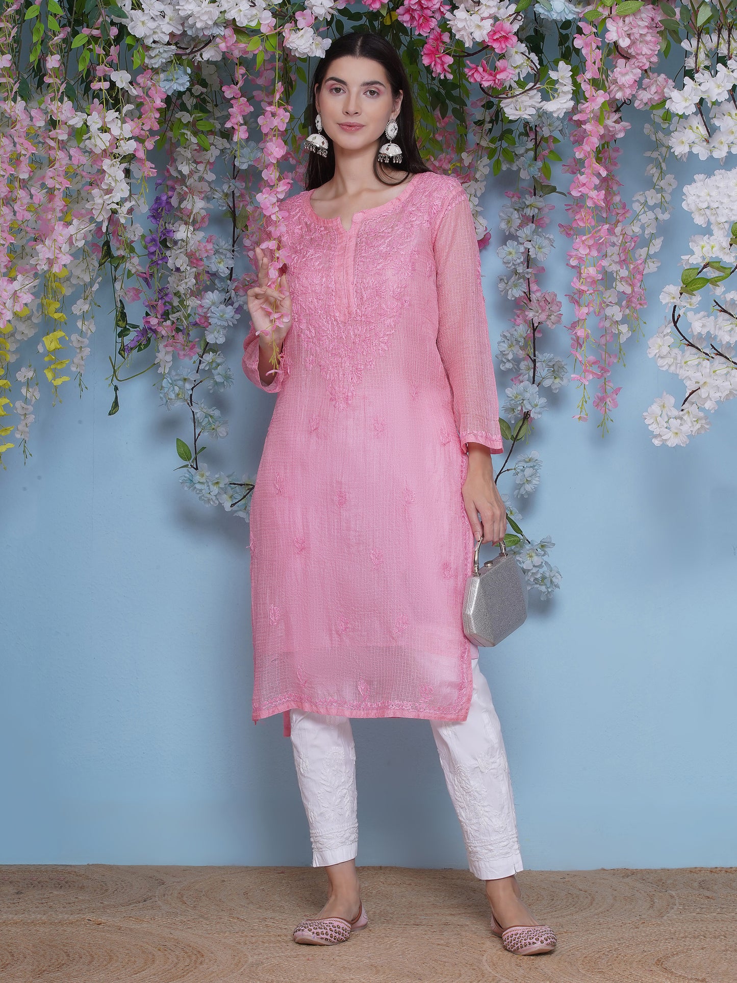 Pink Cotton Chikankari Kurti For Women