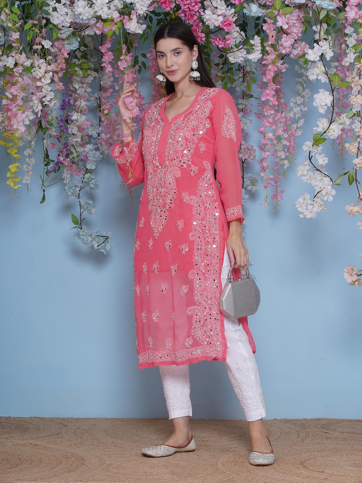 Pink Cotton Chikankari Kurti For Women