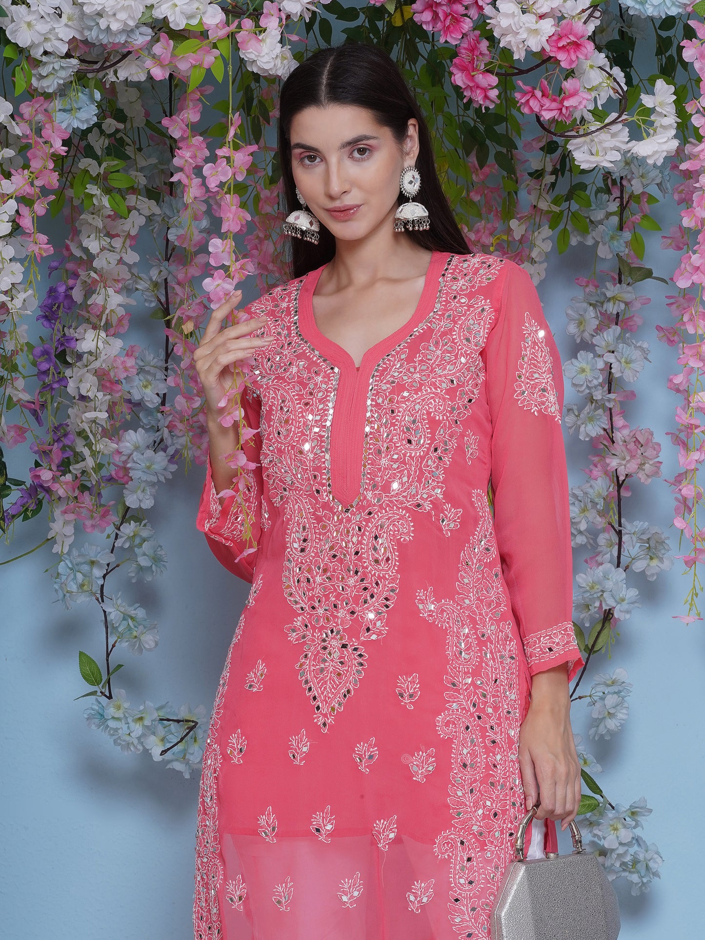 Pink Cotton Chikankari Kurti For Women