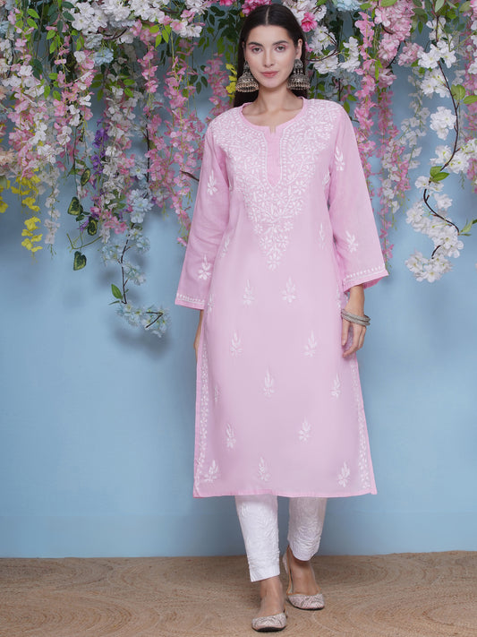 Pink Cotton Chikankari Kurti For Women