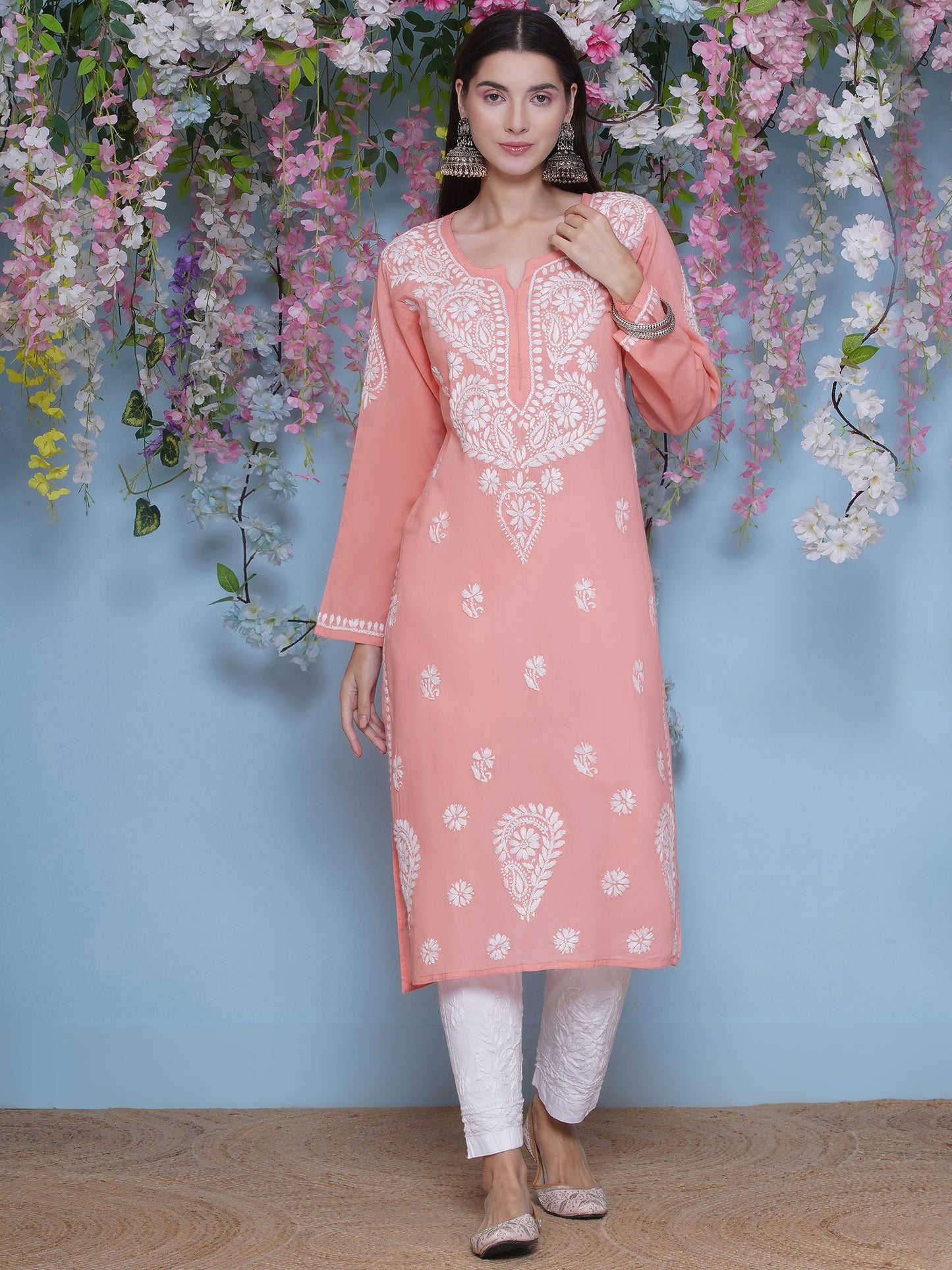 Peach Cotton Chikankari Kurti For Women