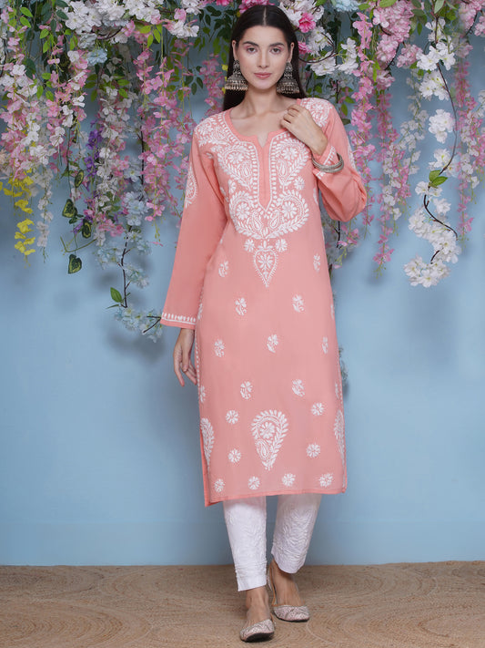 Peach Cotton Chikankari Kurti For Women