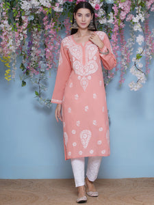Peach Cotton Chikankari Kurti For Women