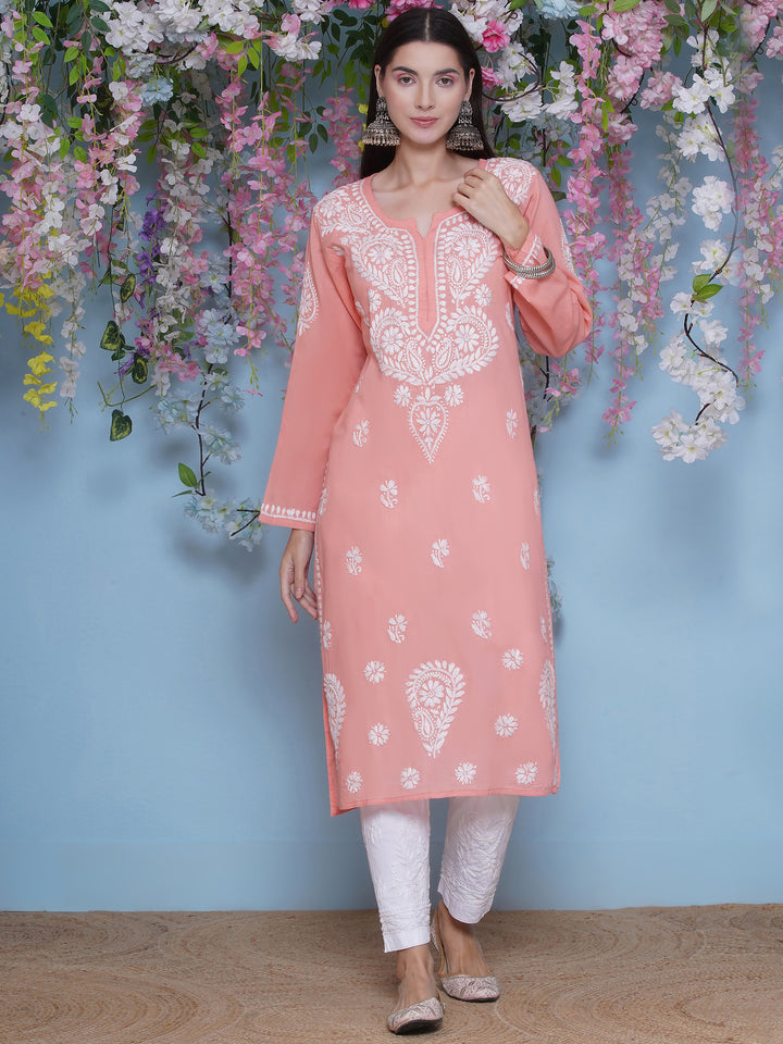 Peach Cotton Chikankari Kurti For Women