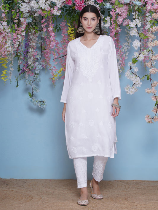 Combo of White Cotton Chikankari Kurti For Women and Chikankari Pant | 70% OFF Today