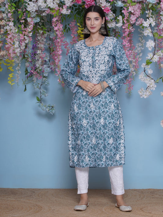Bluish Green Cotton Chikankari Kurti For Women