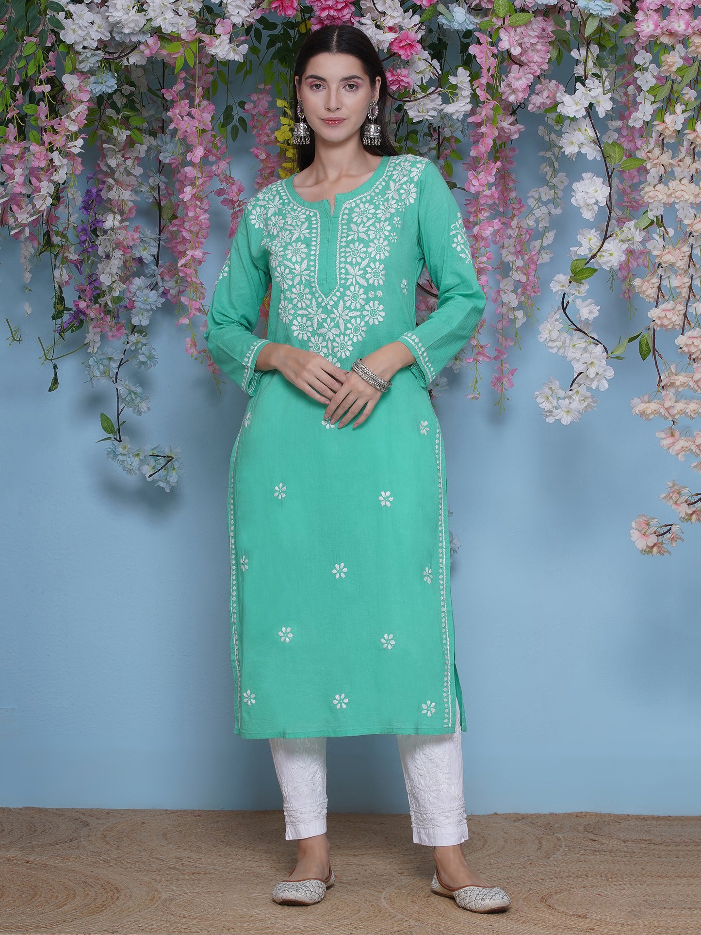 Green Cotton Chikankari Kurti For Women