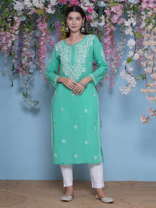 Green Cotton Chikankari Kurti For Women