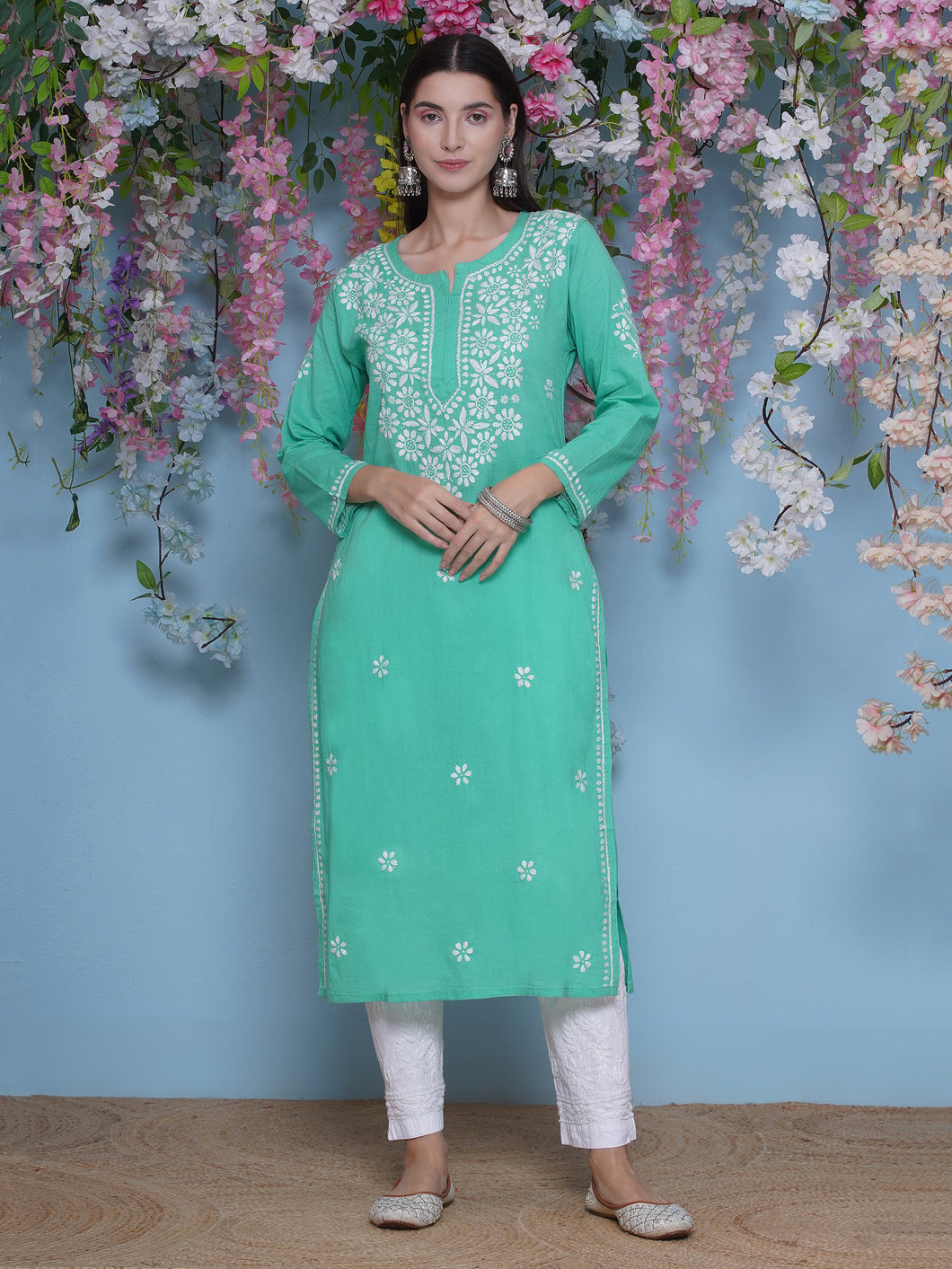 Green Cotton Chikankari Kurti For Women