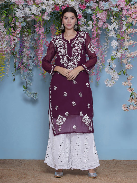 Combo Wine Cotton Chikankari Kurti For Women and Chikankari Mirror Sharara By Saahiba | 70% OFF Today