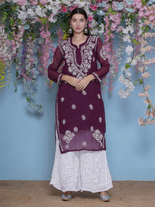 Combo Wine Cotton Chikankari Kurti For Women and Chikankari Mirror Sharara By Saahiba | 70% OFF Today