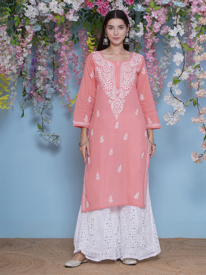 Peach Cotton Chikankari Kurti For Women