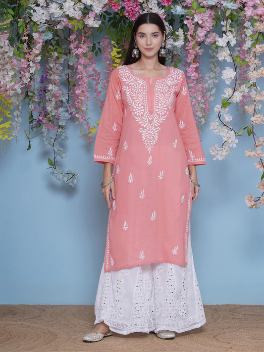Peach Cotton Chikankari Kurti For Women