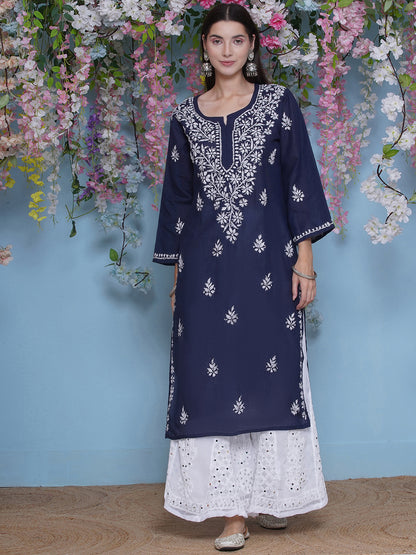 Navy Blue Cotton Chikankari Kurti For Women