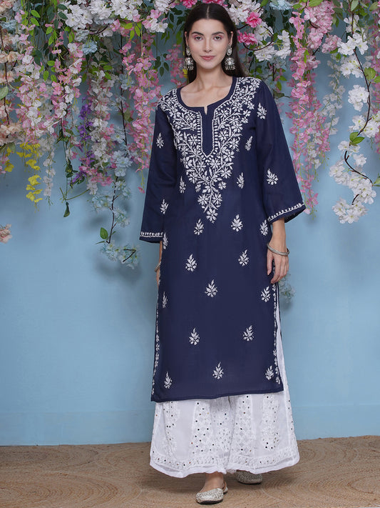 Navy Blue Cotton Chikankari Kurti For Women