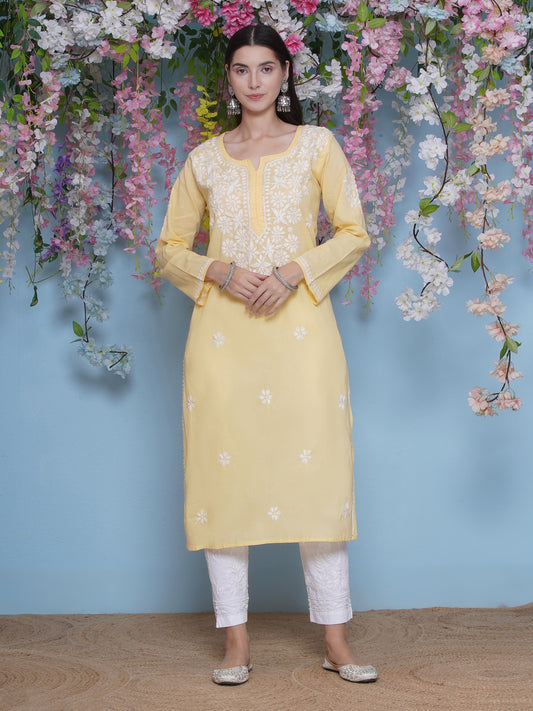 Yellow Cotton Chikankari Kurti By Saahiba
