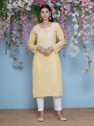 Yellow Cotton Chikankari Kurti By Saahiba