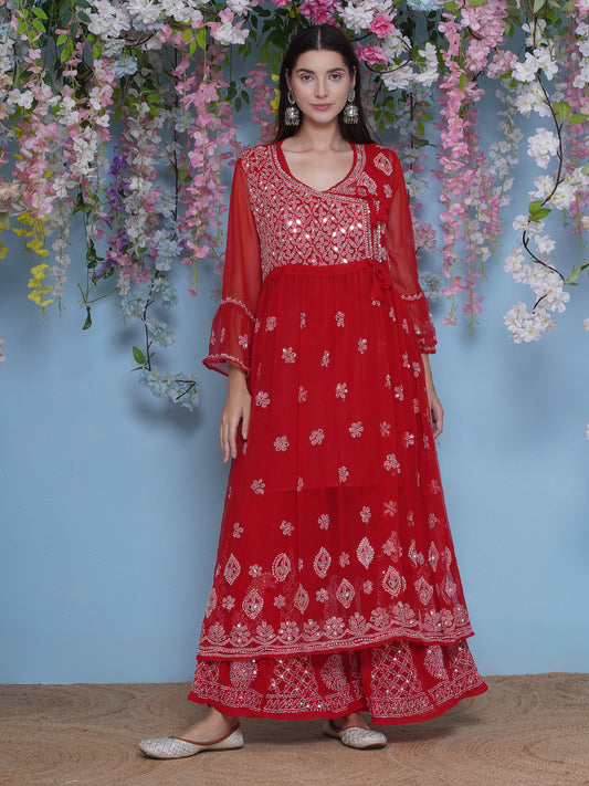 Combo Red Cotton Chikankari Kurti For Women and Chikankari Mirror Sharara By Saahiba | 70% OFF Today