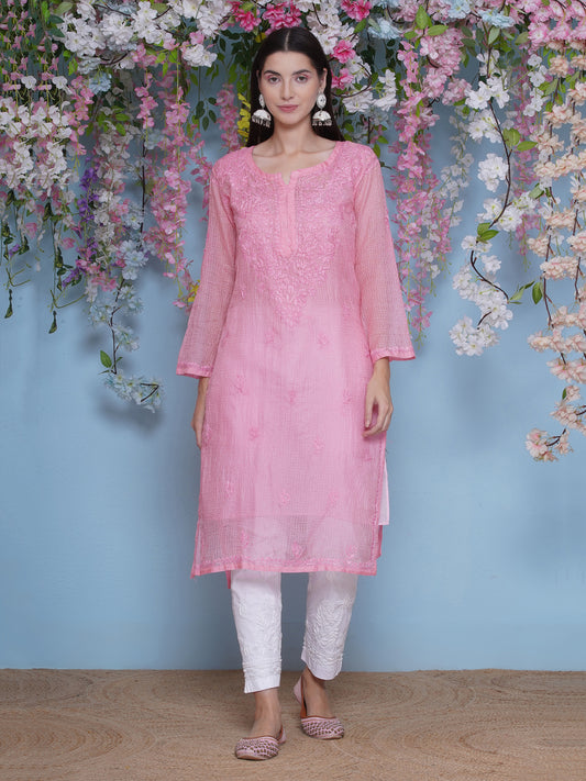 Pink Cotton Chikankari Kurti For Women
