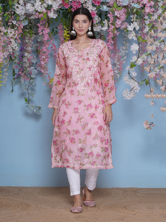 Combo Pink Cotton Chikankari Kurti For Women and Chikankari Pant By Saahiba | 70% OFF Today