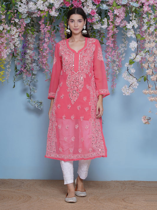 Pink Cotton Chikankari Kurti For Women