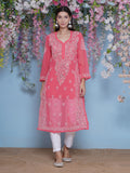 Pink Cotton Chikankari Kurti For Women
