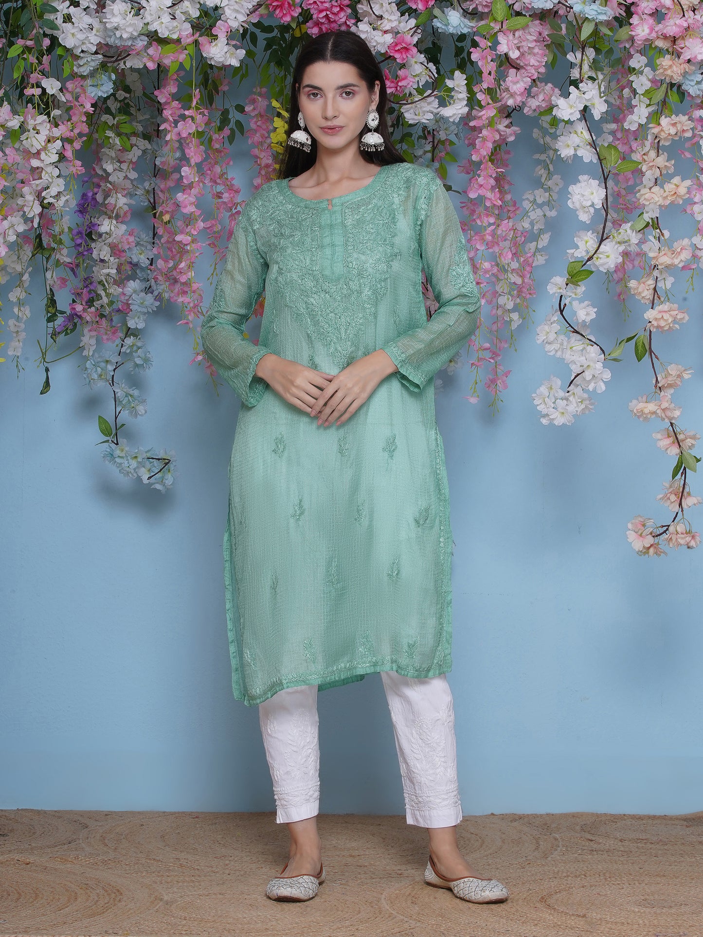 Green Cotton Chikankari Kurti For Women