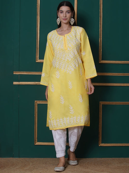 Combo Yellow Cotton Chikankari Kurti For Women and Chikankari Pant | 70% OFF Today By Saahiba