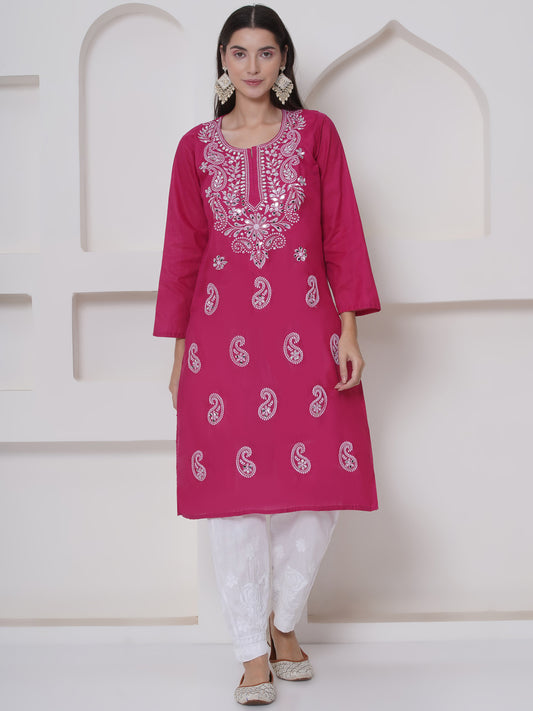 Dark Pink Cotton Chikankari Kurti For Women