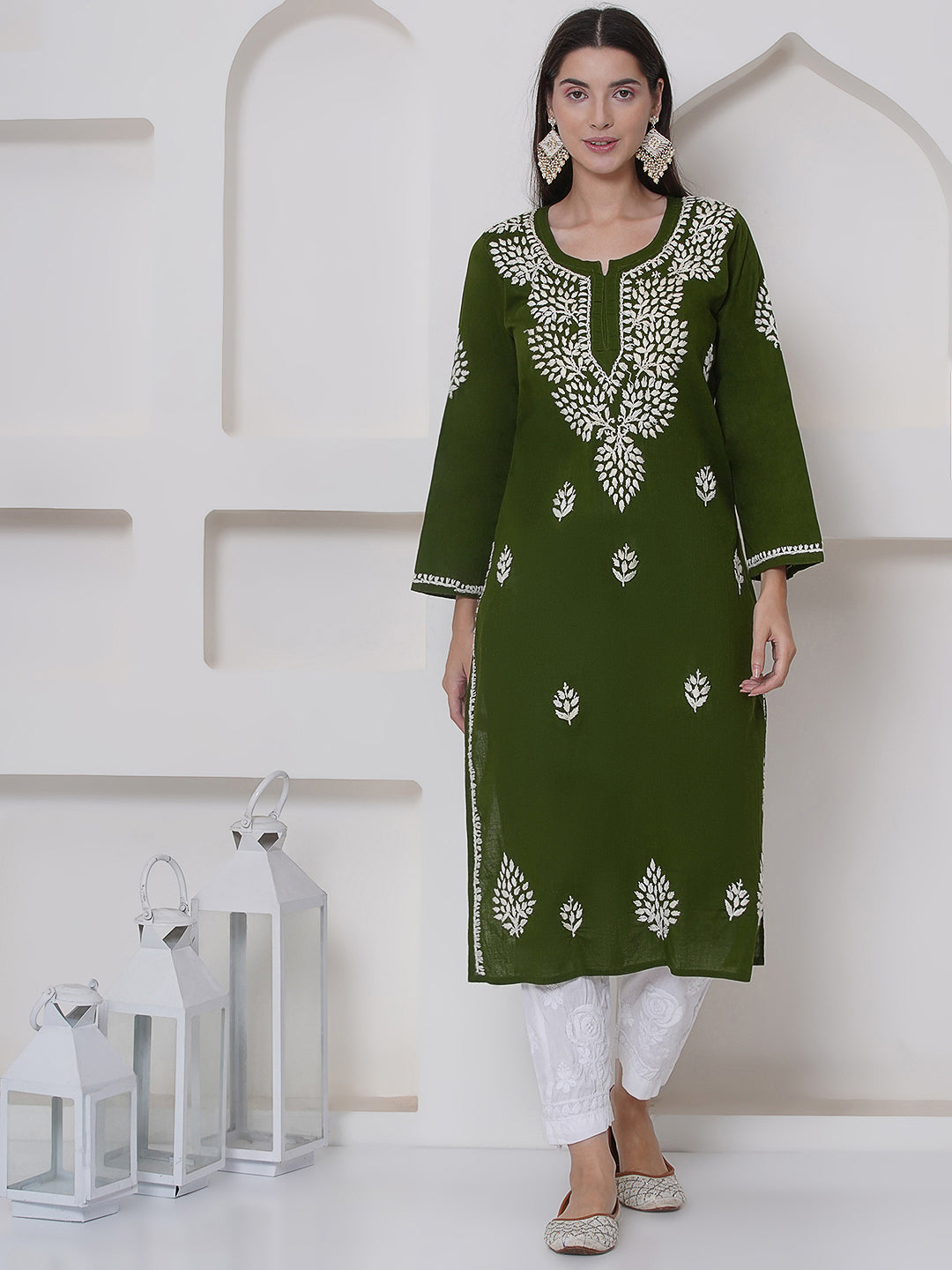 Mehandi Green Cotton Chikankari Kurti For Women