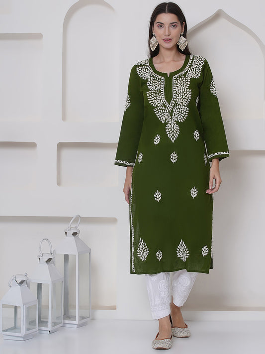 Mehandi Green Cotton Chikankari Kurti For Women