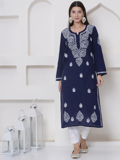 Navy Blue Cotton Chikankari Kurti For Women