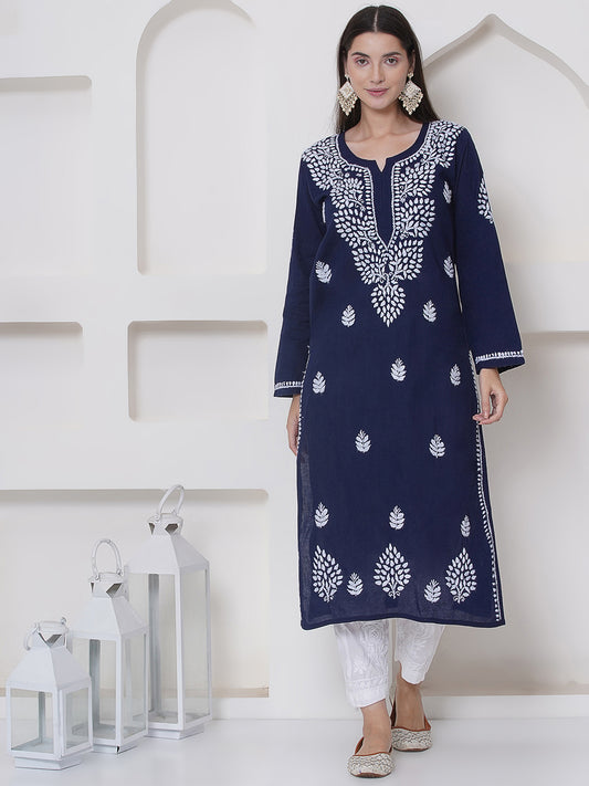 Navy Blue Cotton Chikankari Kurti For Women