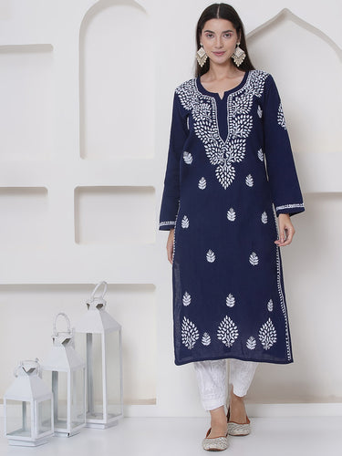 Navy Blue Cotton Chikankari Kurti For Women