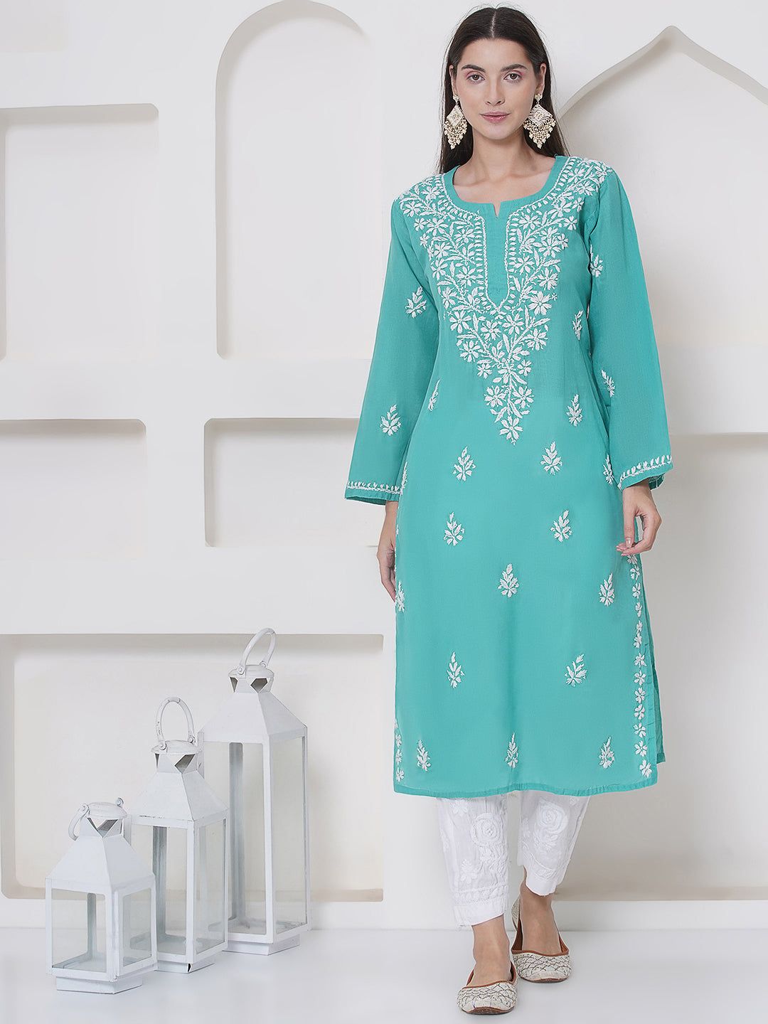Sea Green Cotton Chikankari Kurti For Women