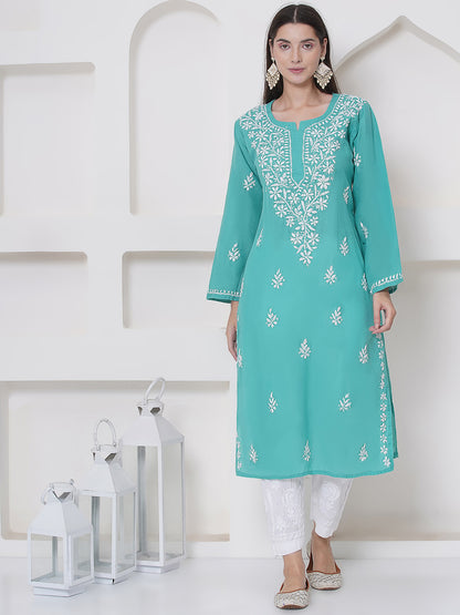 Sea Green Cotton Chikankari Kurti For Women