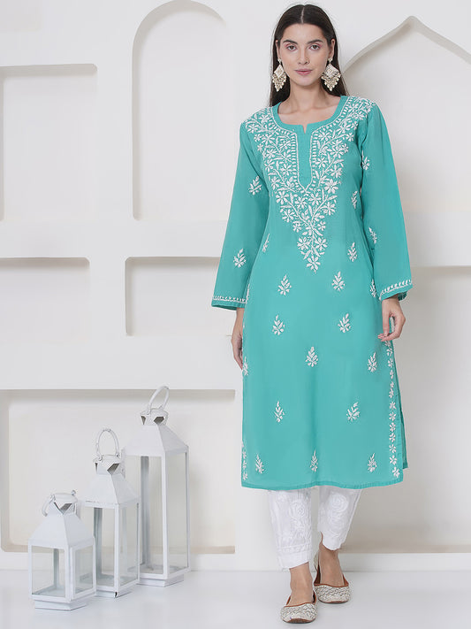 Sea Green Cotton Chikankari Kurti For Women