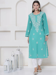Sea Green Cotton Chikankari Kurti For Women