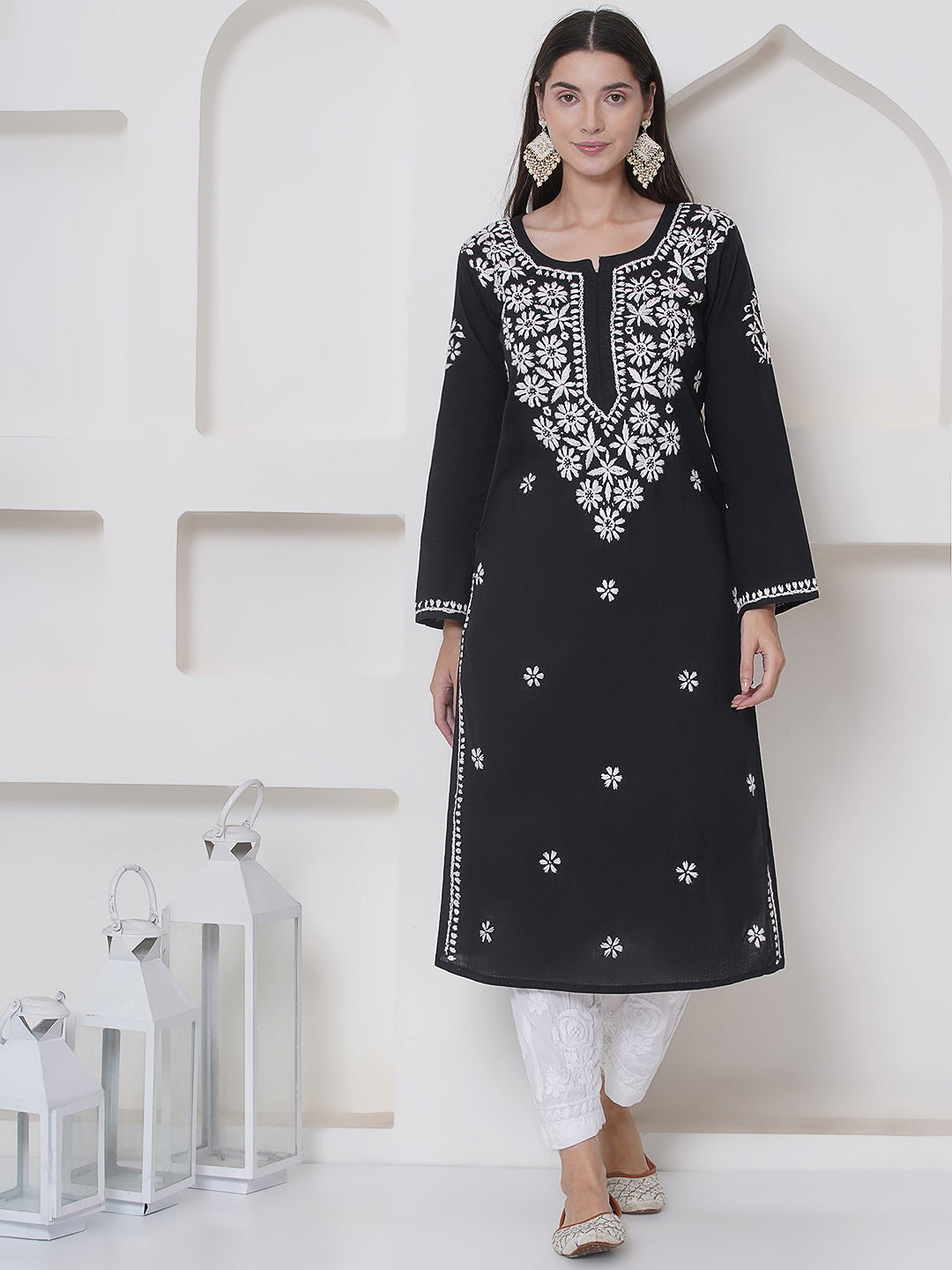Black Cotton Chikankari Kurti For Women
