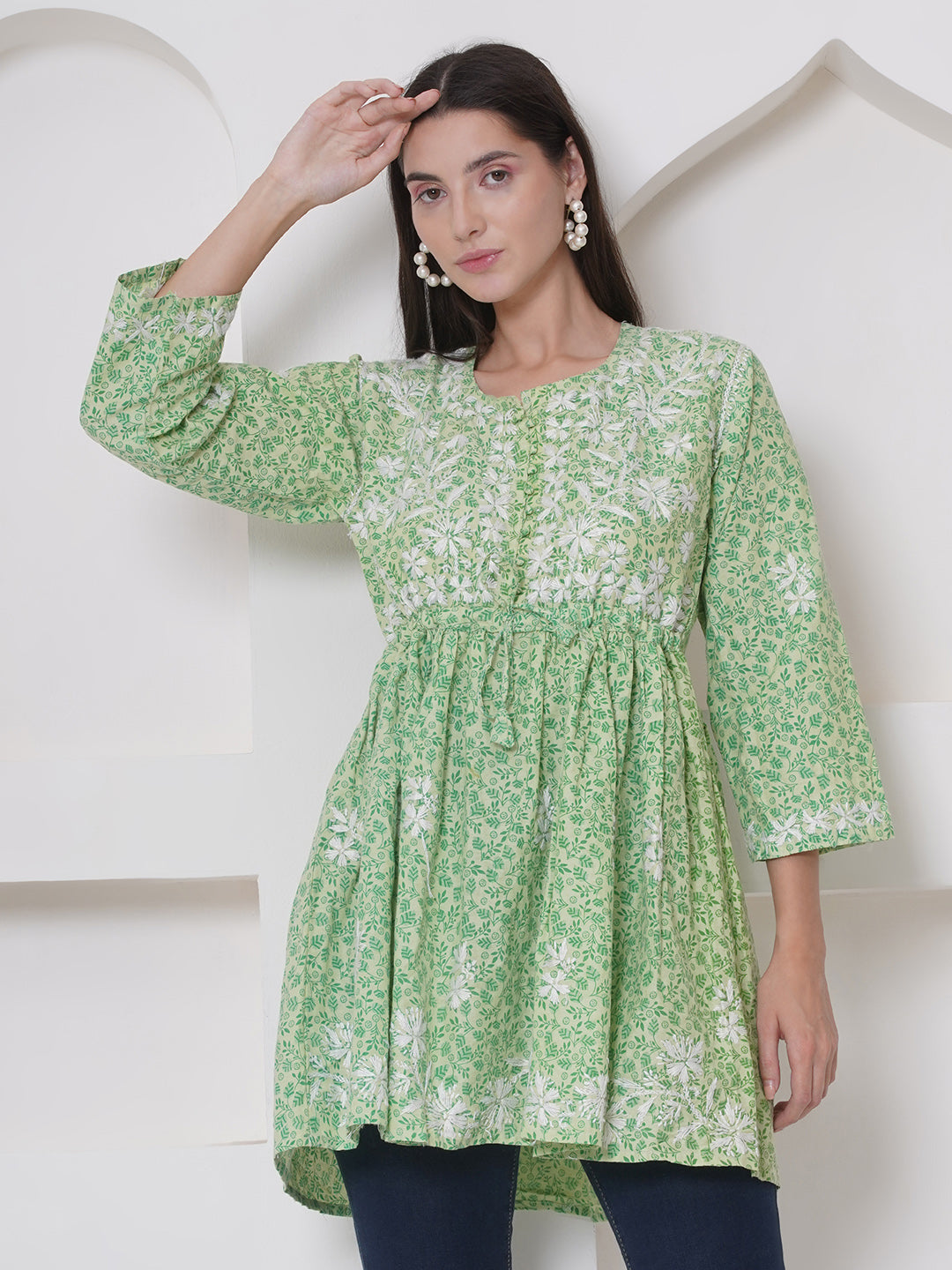 Green Cotton Chikankari Short Top For Women