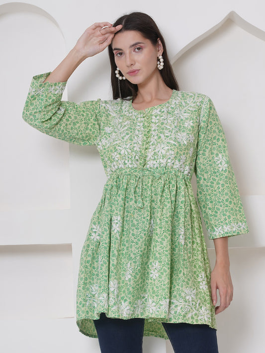 Green Cotton Chikankari Short Top For Women